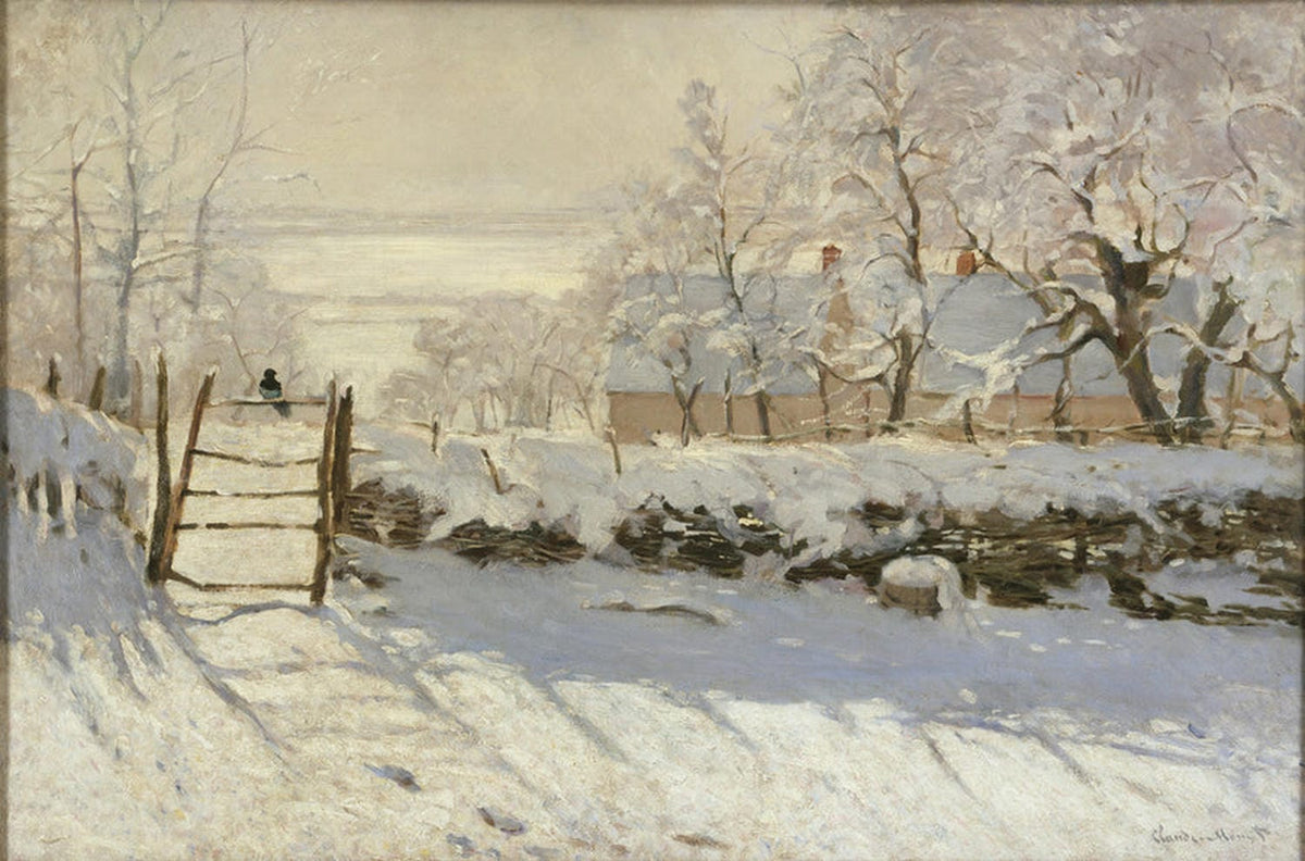 Das Gemälde von Claude Monet zeigt eine winterliche Landschaft mit einem Baum und einem Zaun, auf dem eine Elster sitzt. Der Schnee bedeckt die Umgebung, während sanfte Farben und Lichtreflexe eine ruhige, friedliche Stimmung vermitteln.