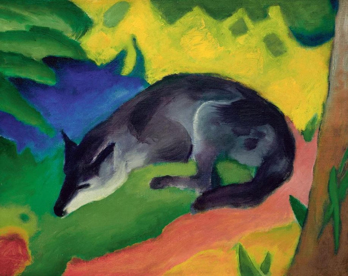 Abstrakte Darstellung eines blau-schwarzen Fuchses von Franz Marc in leuchtenden Farben.