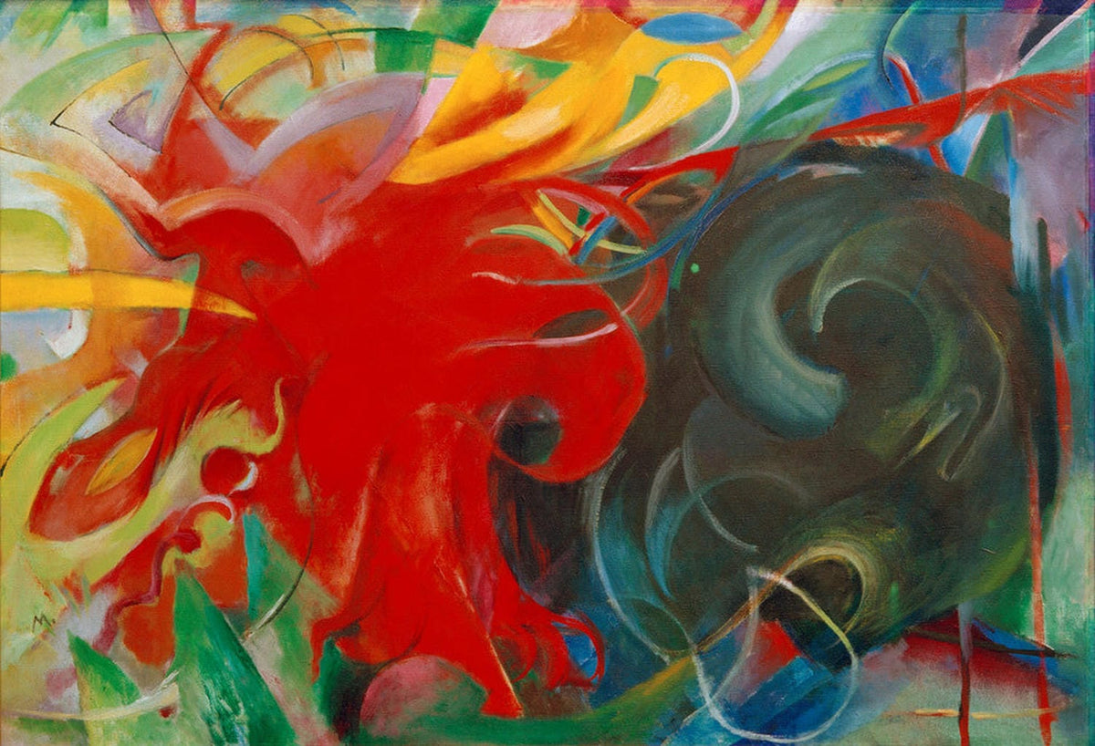 Abstrakte, farbintensive Darstellung kämpfender Tiere in dynamischer Bewegung von Franz Marc.