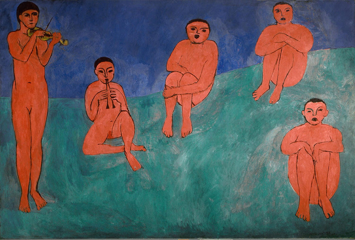 Kunstdruck von Henri Matisses Musik, das mehrere rote Figuren vor einem grünen und blauen Hintergrund darstellt.