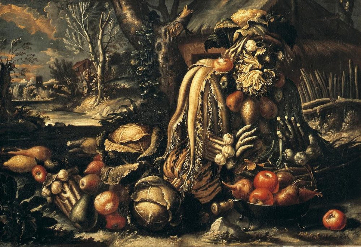 Gemälde „Der Winter“ von Giuseppe Arcimboldo – Figur aus Wurzeln und Gemüse im Querformat mit dunkler Winterlandschaft