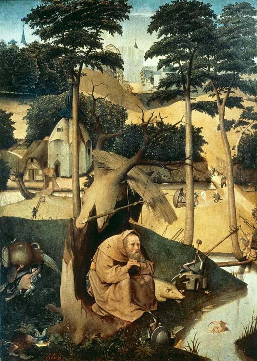 Hieronymus Bosch Gemälde „Die Versuchung des Heiligen Antonius“ – surrealistische Darstellung mit bizarren, fantastischen Kreaturen und dunkler Symbolik.