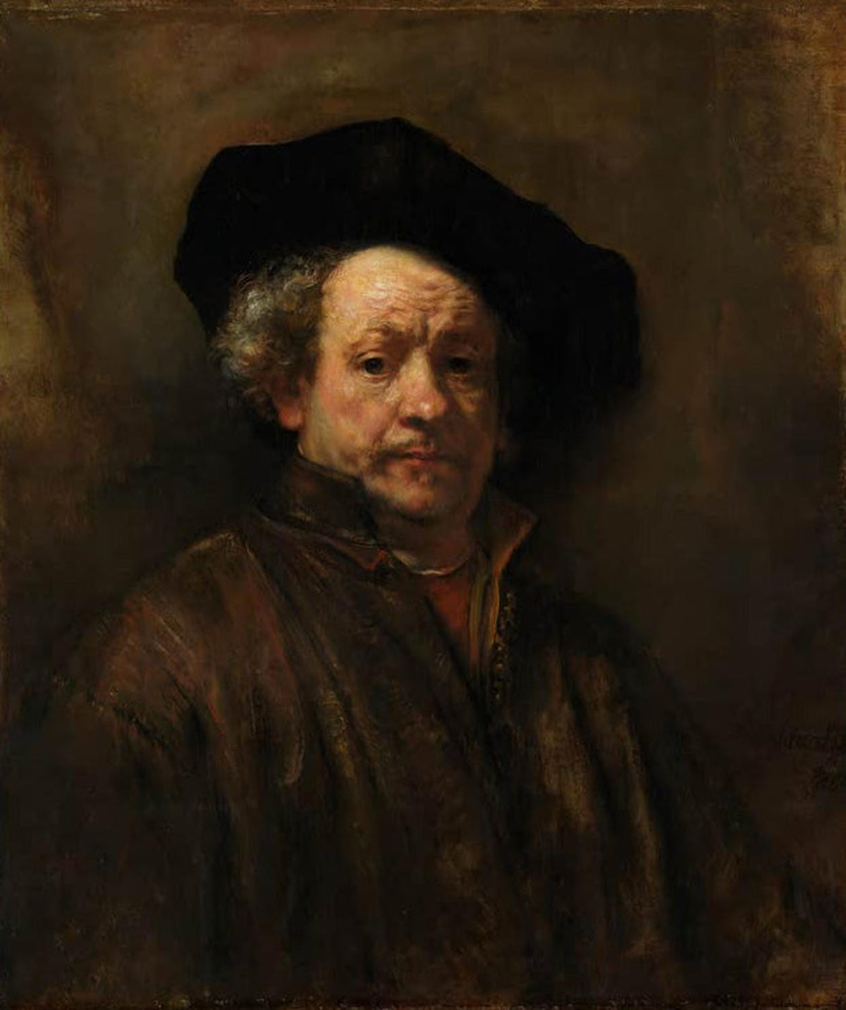 Selbstporträt von Rembrandt van Rijn, gemalt in Öl auf Leinwand, zeigt den Künstler mit direktem Blick, warmen Brauntönen und ausdrucksstarkem Licht-Schatten-Spiel.