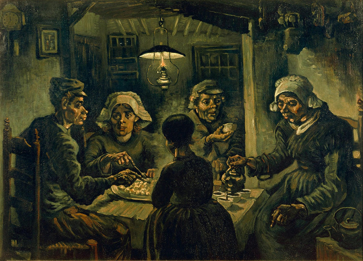 Fünf Bauern sitzen in dunklem Raum um einen Tisch und essen Kartoffeln, dargestellt im expressiven Stil Vincent van Goghs.