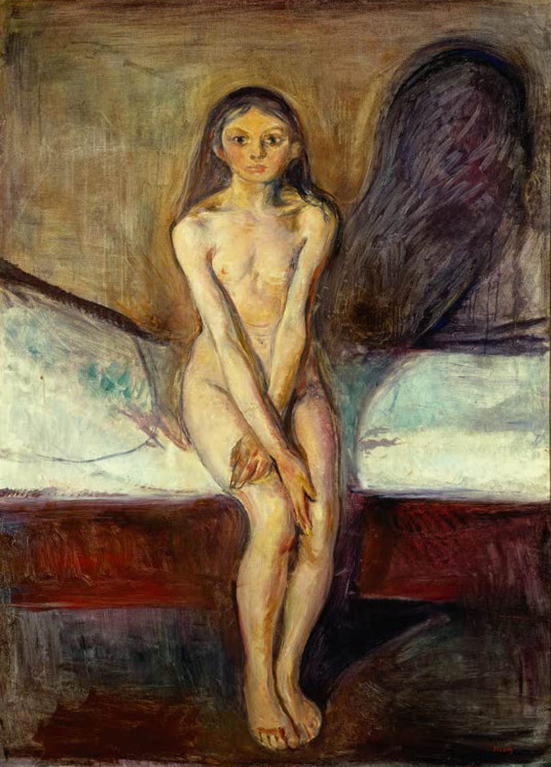 Edvard Munch Gemälde „Pubertät“ – expressionistisches Bild eines nachdenklichen jungen Mädchens in düsterer Atmosphäre.
