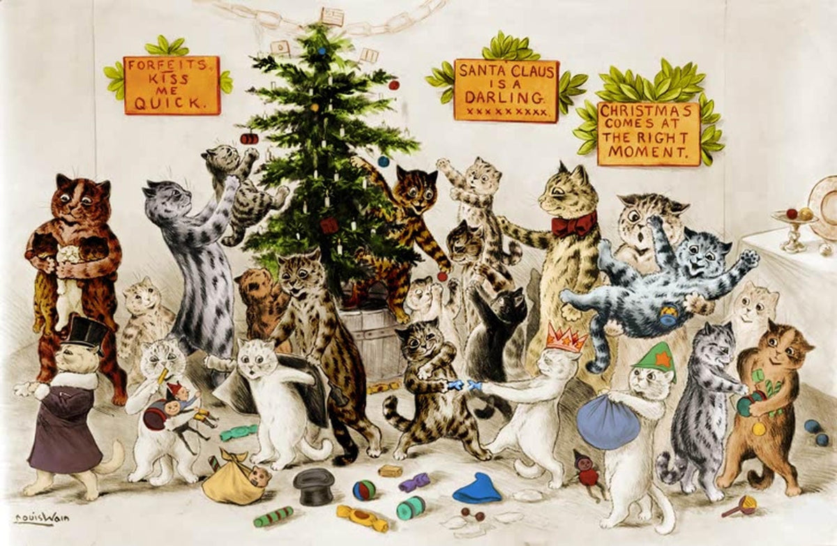 "Katzen dekorieren den Weihnachtsbaum" von Louis Wain – festlicher Katzen Kunstdruck auf Leinwand oder Fine Art Papier