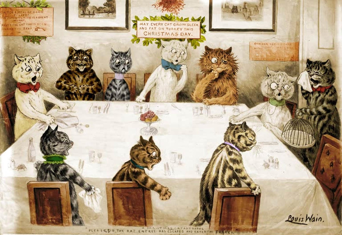 "Eine Weihnachtskatastrohpe" von Louis Wain – chaotische Weihnachtsszene mit Katzen als Kunstdruck