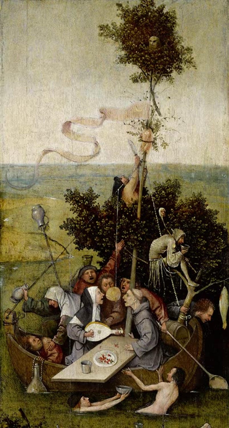 Hieronymus Bosch Gemälde „Das Narrenschiff“ – komplexe, symbolreiche Darstellung eines Schiffes voller närrischer Figuren und fantastischer Szenen.