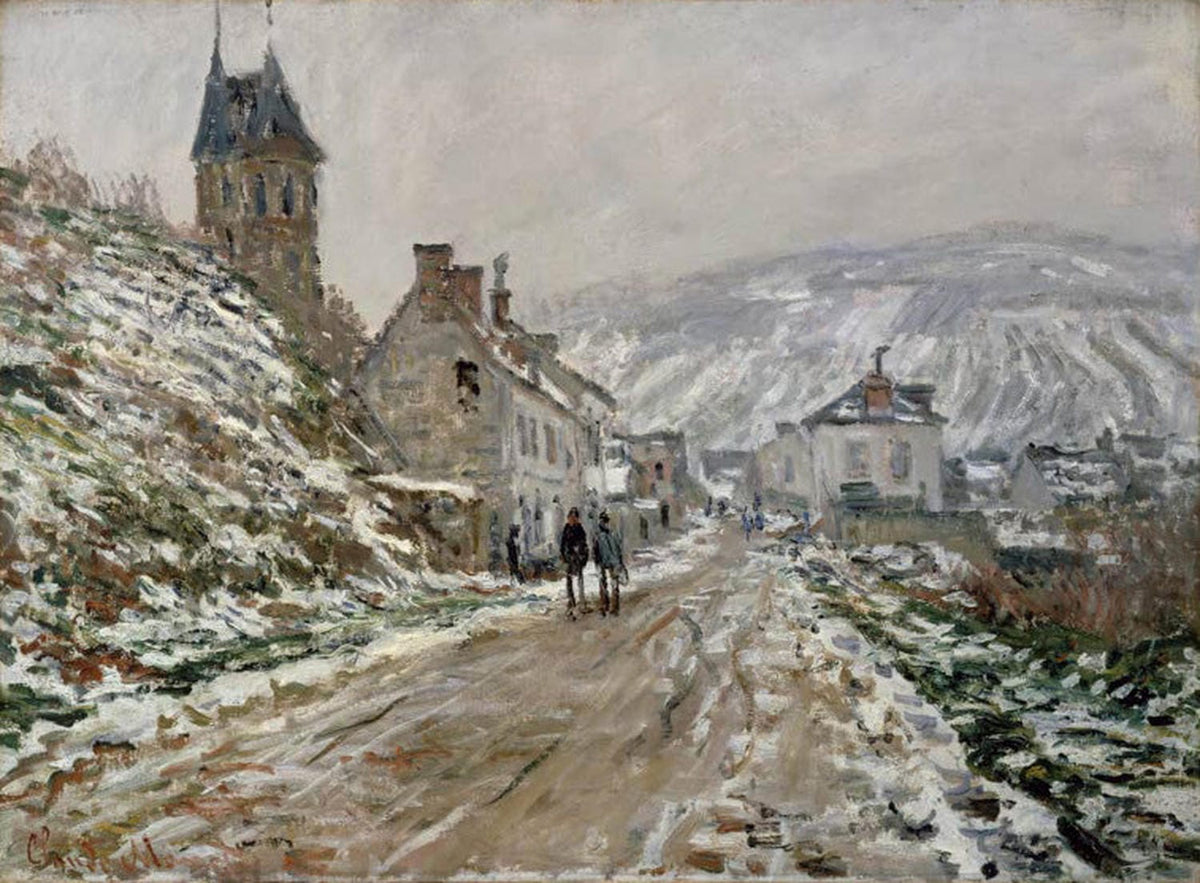 Claude Monet – Straßen nach Vétheuil im Winter, impressionistisches Wintergemälde mit verschneiter Dorfstraße