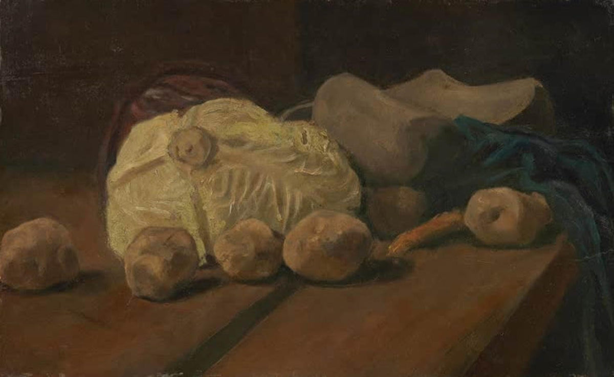 Kunstdruck „Stilleben mit Kohl und Holzschuhen“ von Vincent van Gogh – ausdrucksstarkes Stillleben mit Kohl und Schuhen als hochwertiger Kunstdruck, auf Leinwand oder Poster, optional gerahmt.
