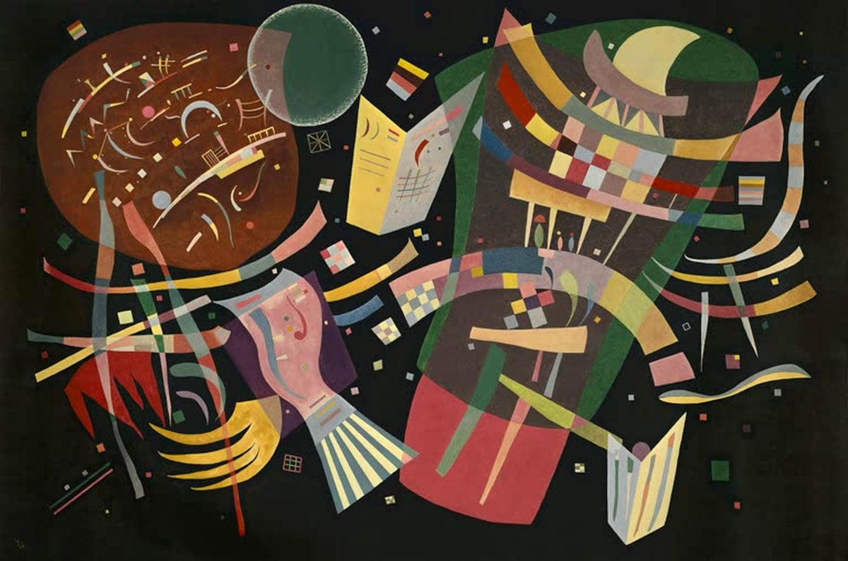 Gemälde Komposition X von Wassily Kandinsky, 1939 – abstrakte Formen auf dunklem Hintergrund, leuchtende Farben und dynamische Linienführung.