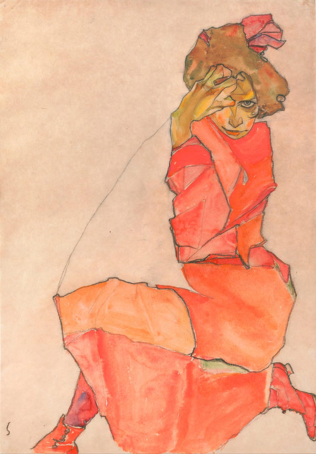 Expressionistisches Porträt einer knienden Frau im orange-roten Kleid von Egon Schiele mit intensiver Linienführung.