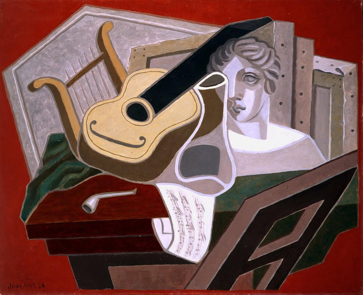 Kunstdruck von Juan Gris' „Der Tisch des Musikers“, ein kubistisches Stillleben mit Musikinstrumenten und Alltagsgegenständen.