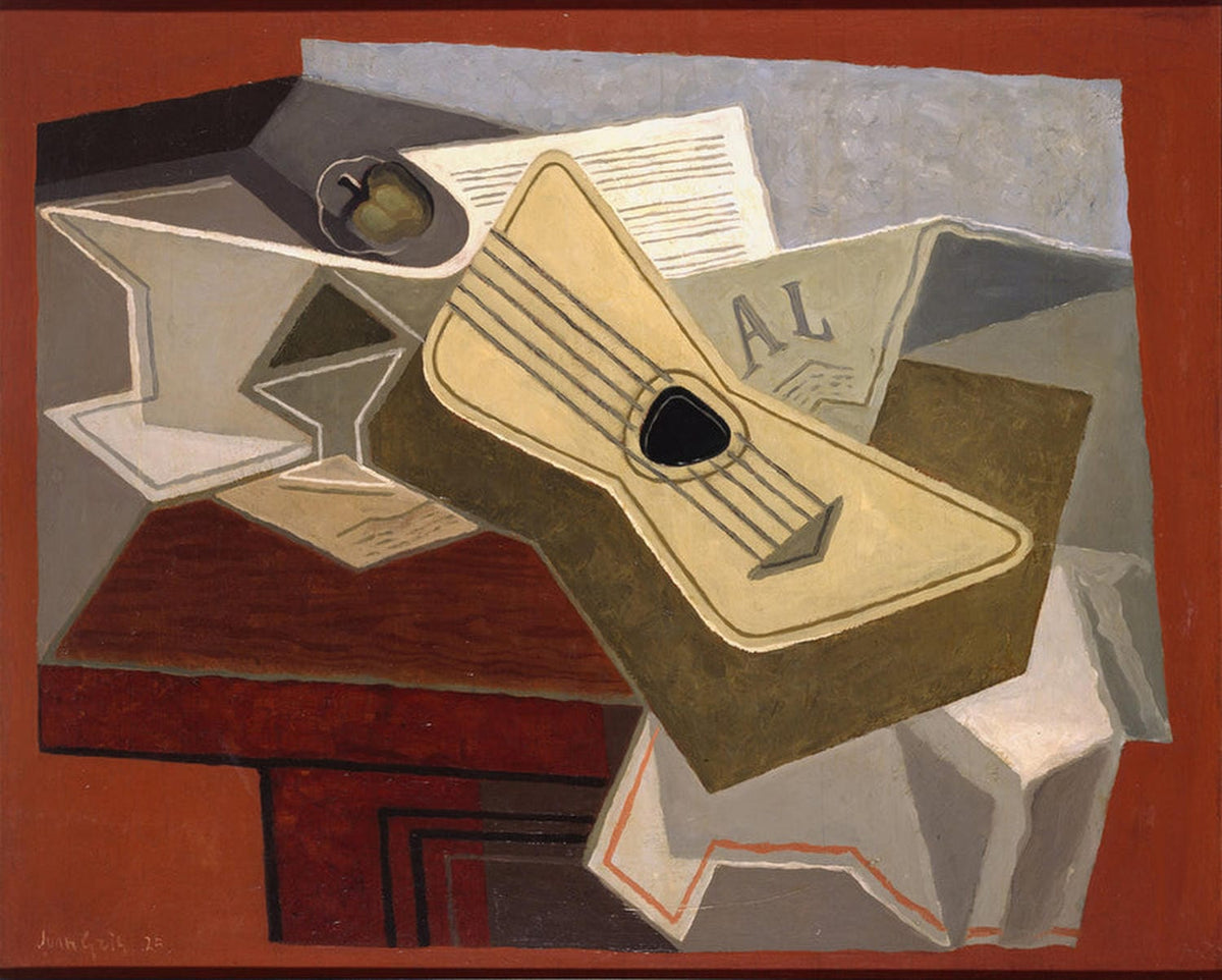 Kunstdruck von Juan Gris' „Gitarre und Zeitung“ (1925), ein kubistisches Stillleben mit Gitarre und Zeitung.