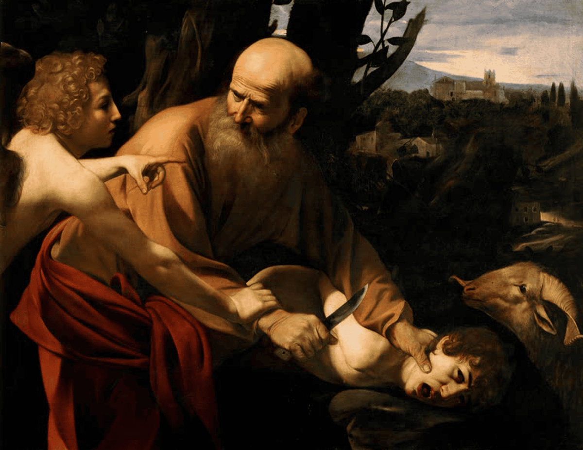 Opferung Isaaks von Michelangelo Caravaggio – Barockes Gemälde von Abraham, Isaak und Engel mit dramatischem Hell-Dunkel-Kontrast
