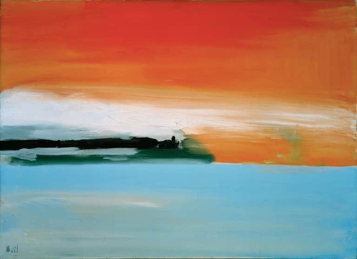 Nicolas de Staël, „Eisenbahn am Meer, Sonnenuntergang“, abstrakte Landschaft mit Eisenbahn und Meer in warmen Farben.