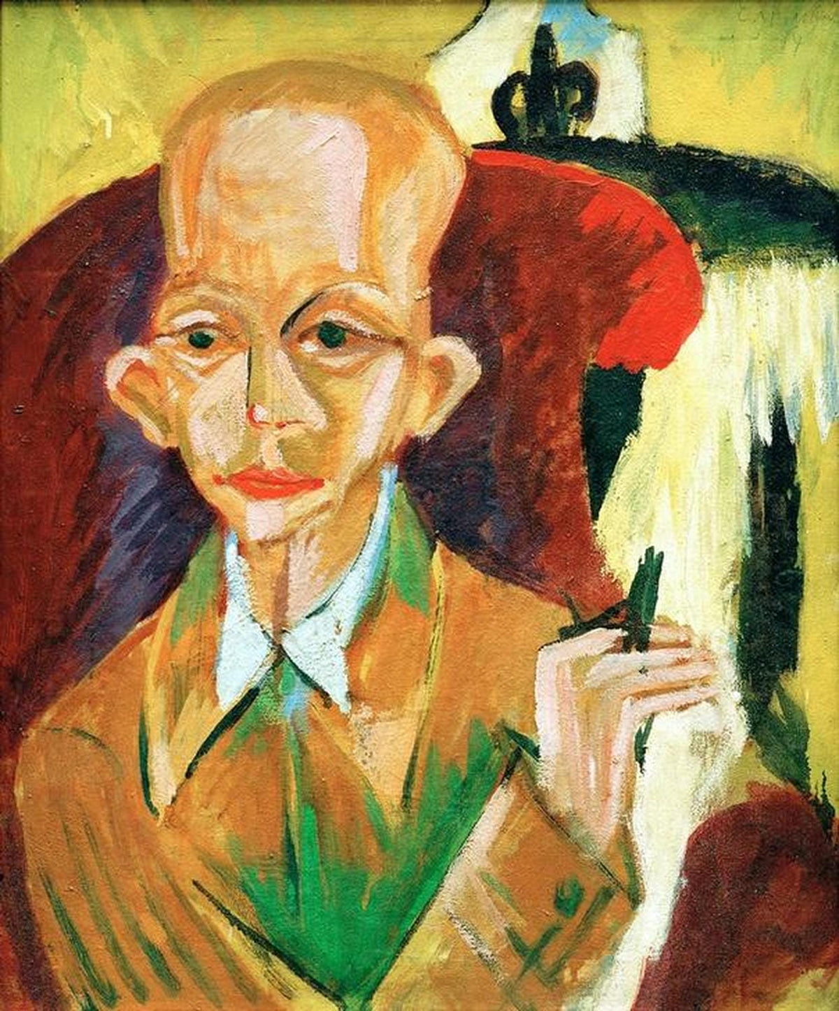 Kunstdruck von Ernst Ludwig Kirchners „Porträt von Oskar Schlemmer“ (1914), ein expressionistisches Gemälde eines Mannes mit Brille vor einem Fenster.