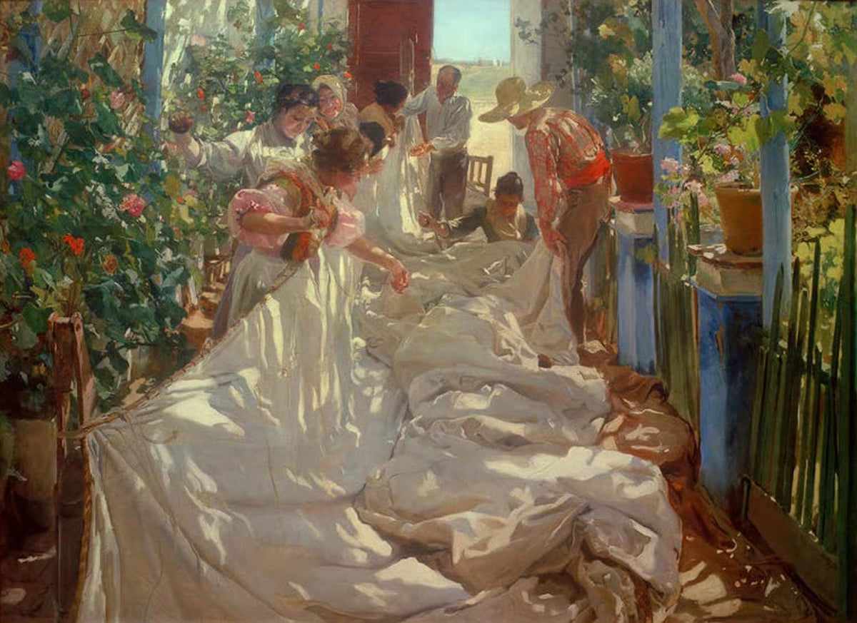 Joaquin Sorolla Gemälde „Segel flicken“ – impressionistische Darstellung von Männern beim Reparieren eines Segels.