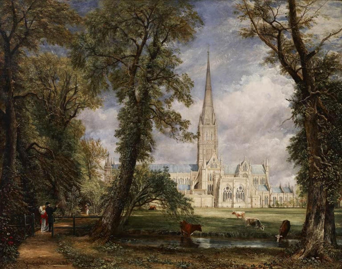 Die Kathedrale von Salisbury vom Garten des Bischofs aus – Gemälde von John Constable mit Landschaft und Architektur.