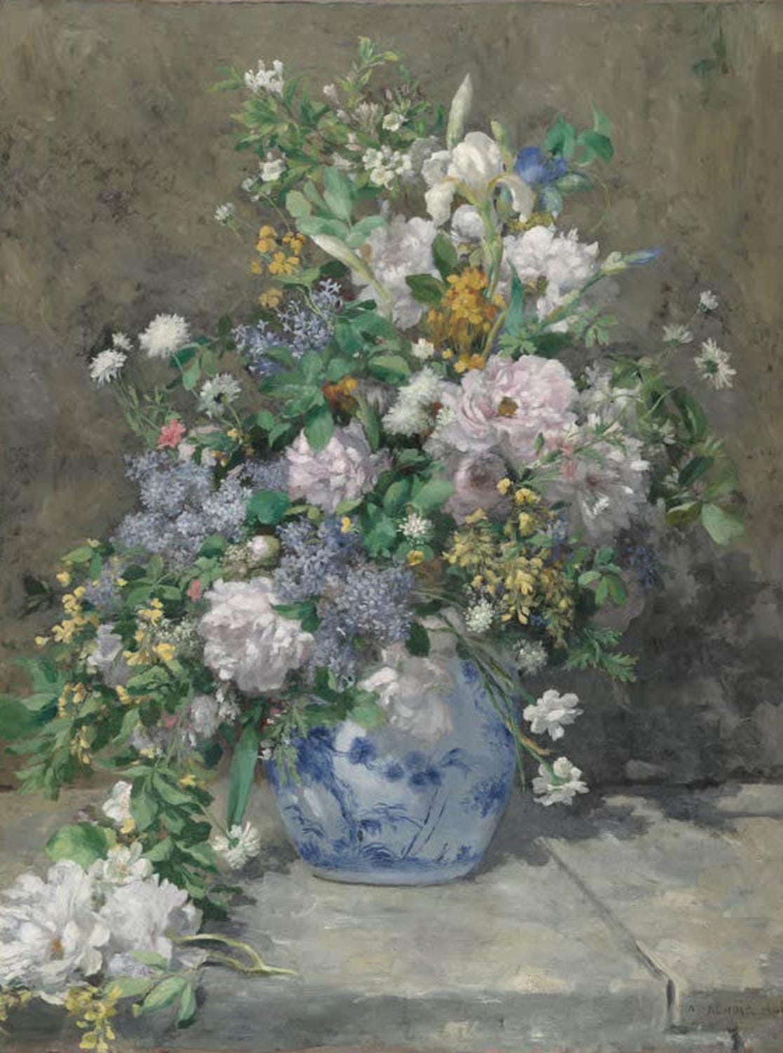 Stillleben "Frühlingsstrauß" von Pierre-Auguste Renoir mit farbenfrohen Frühlingsblumen in impressionistischem Stil.