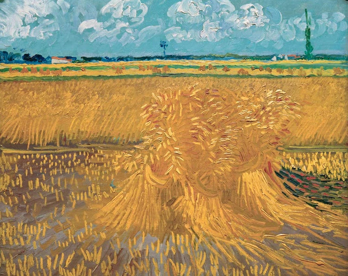 Kunstdruck des Gemäldes „Weizenfeld mit Garben“ von Vincent van Gogh mit gebundenen Weizengarben auf einem goldenen Feld unter weitem Himmel