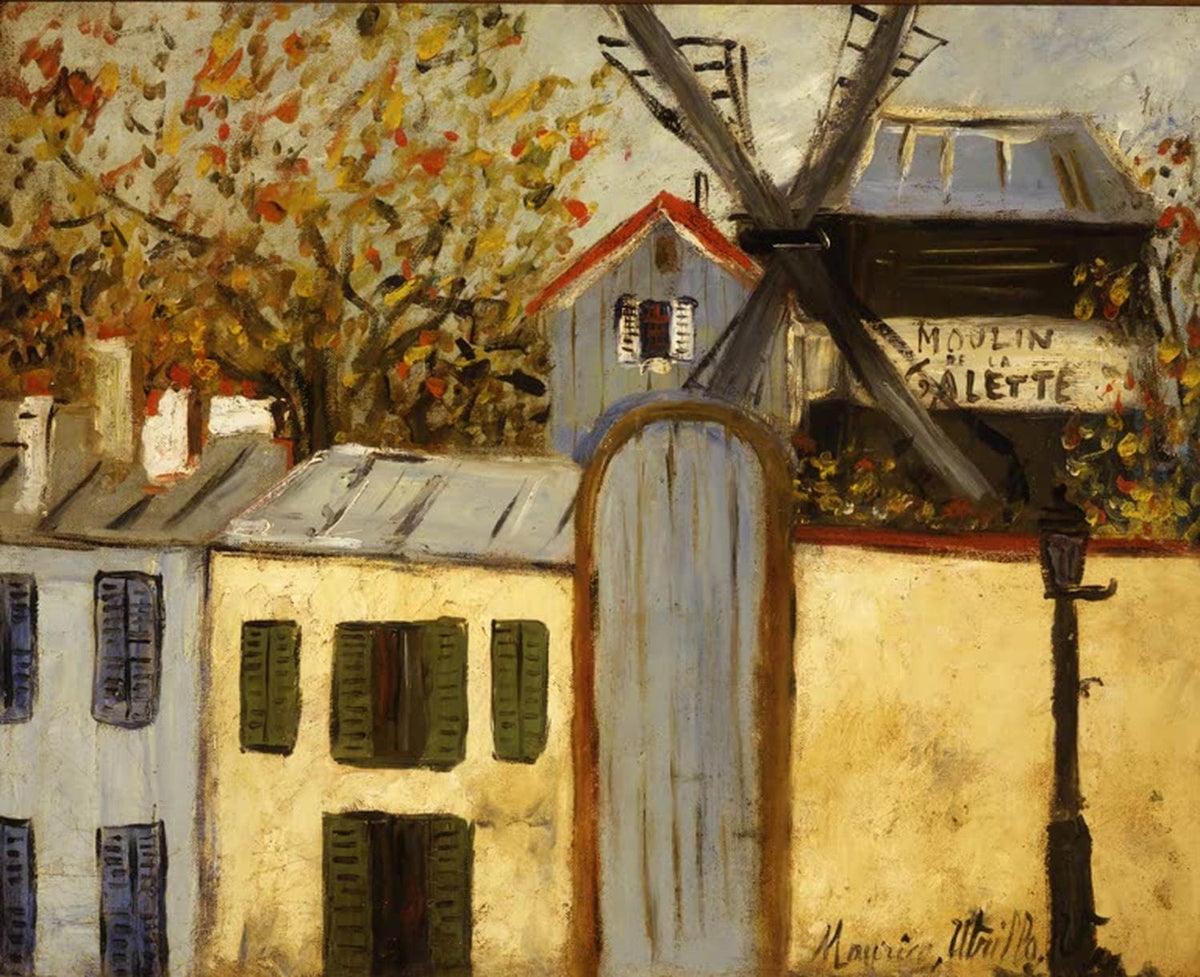 "Moulin de la Galette" von Maurice Utrillo – Windmühle auf Montmartre in harmonischer Darstellung.