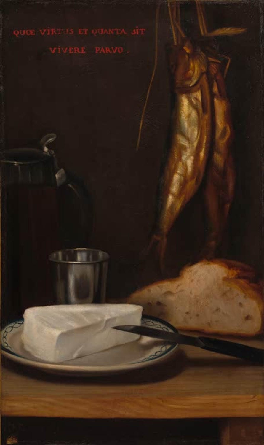 Stillleben mit Hering, Brot und Käse von Alexandre-Gabriel Decamps – realistisches Gemälde einer einfachen Mahlzeit