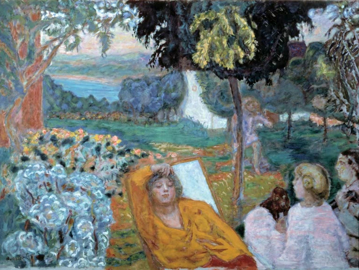 Ruhende Personen im lichtdurchfluteten südlichen Garten, impressionistisch gemalt von Pierre Bonnard.