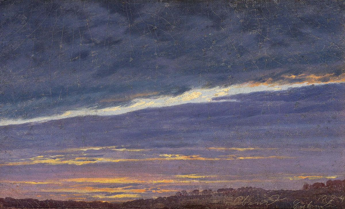 Ein romantischer Abendhimmel mit sanften Wolkenformationen, gemalt von Caspar David Friedrich. Das Gemälde zeigt die subtilen Farbübergänge von warmem Licht bis hin zu kühlen Blautönen, die den Himmel in eine friedliche und meditative Atmosphäre tauchen. Ein Meisterwerk der Romantik.
