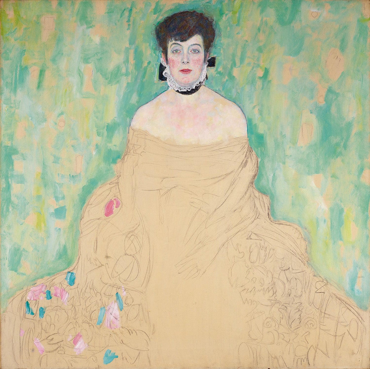 "Kunstdruck „Amalie Zuckerkandl“ von Gustav Klimt. Sein unvollendetes Meisterwerk „Amalie Zuckerkandl“ fasziniert mit seinem typischen Jugendstil-Charakter und eleganter Komposition. Das Porträt zeigt die Wiener Gesellschaftsdame in prächtigen Gewändern mit floralen Mustern, sanften Farben und kunstvollen Details.