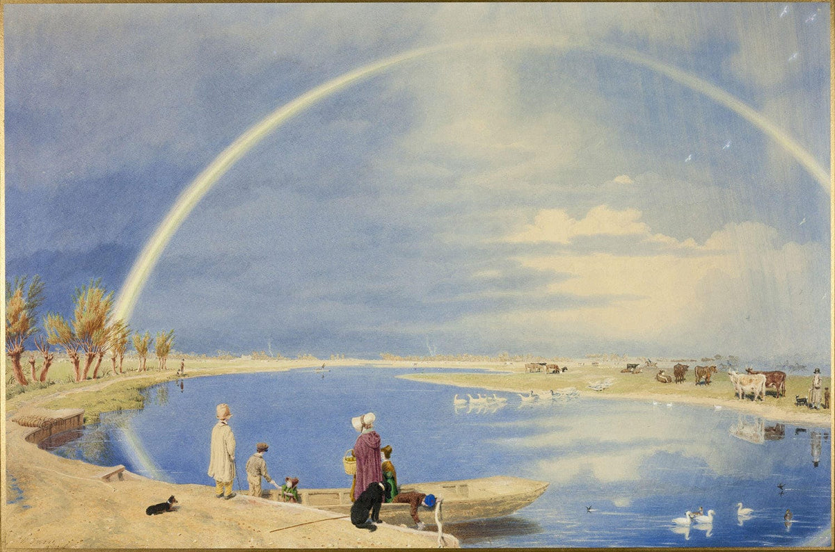 Aquarell von William Turner, das einen regnerischen Aprilblick von der Binsey-Fähre bei Oxford auf die Landschaft von Port Meadow und Godstow zeigt.