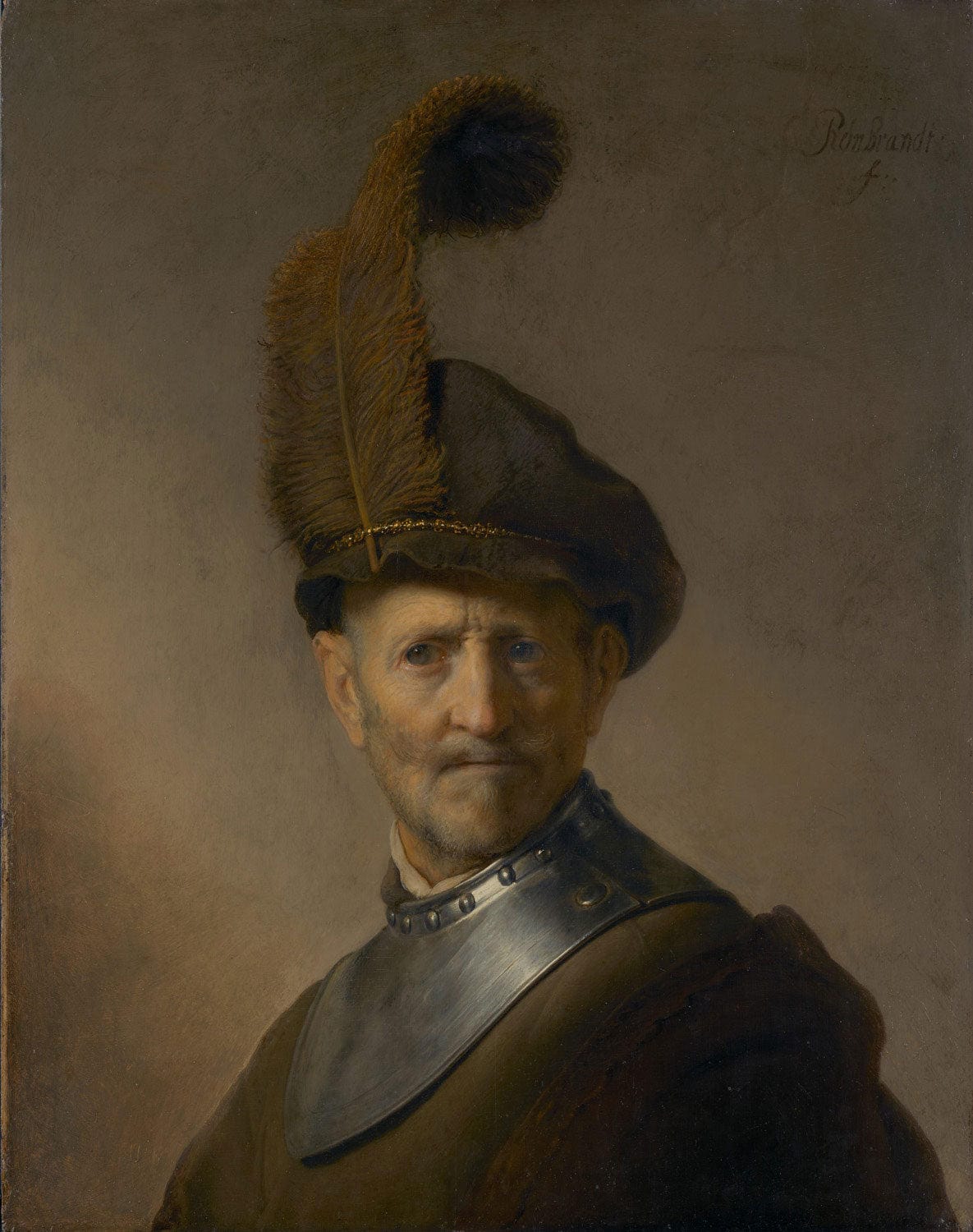 Das Gemälde "Ein alter Mann in Militäruniform" von Rembrandt van Rijn zeigt einen älteren Mann in einer militärischen Uniform. Die meisterhafte Lichtführung und die detaillierte Darstellung der Gesichtszüge und Kleidung betonen die tiefgründige Persönlichkeit und Lebenserfahrung des Mannes.