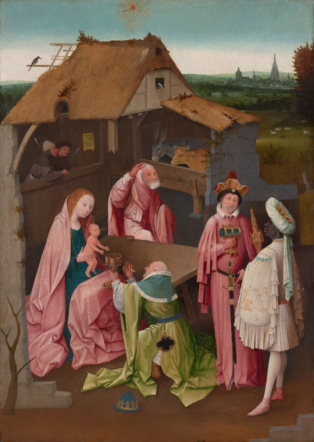 "Die Anbetung der Heiligen Drei Könige von Hieronymus Bosch – ein detailreiches Renaissance-Gemälde mit religiöser Szene, exotischen Figuren und mystischer Symbolik."