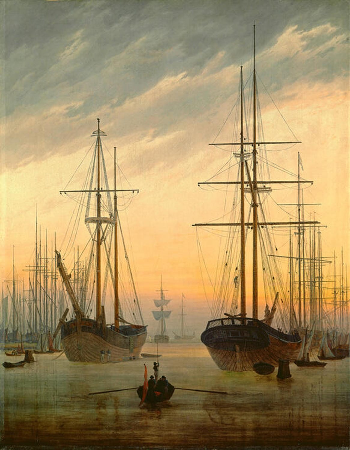Romantische Hafenlandschaft mit Segelschiffen bei Sonnenauf- oder -untergang von Caspar David Friedrich.
