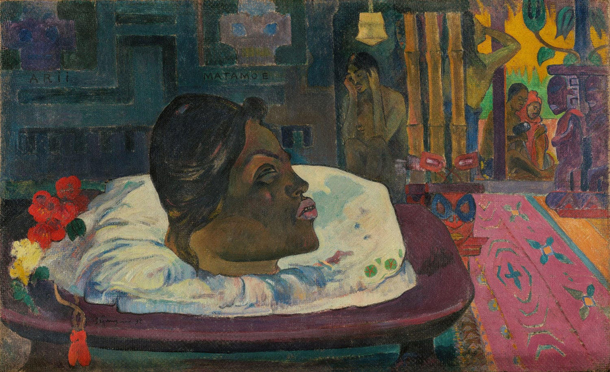 Paul Gauguin Gemälde „Arii Matamoe (Das königliche Ende)“ – symbolträchtiges Werk mit polynesischen Motiven und einem abgetrennten Kopf als Zeichen des Todes.