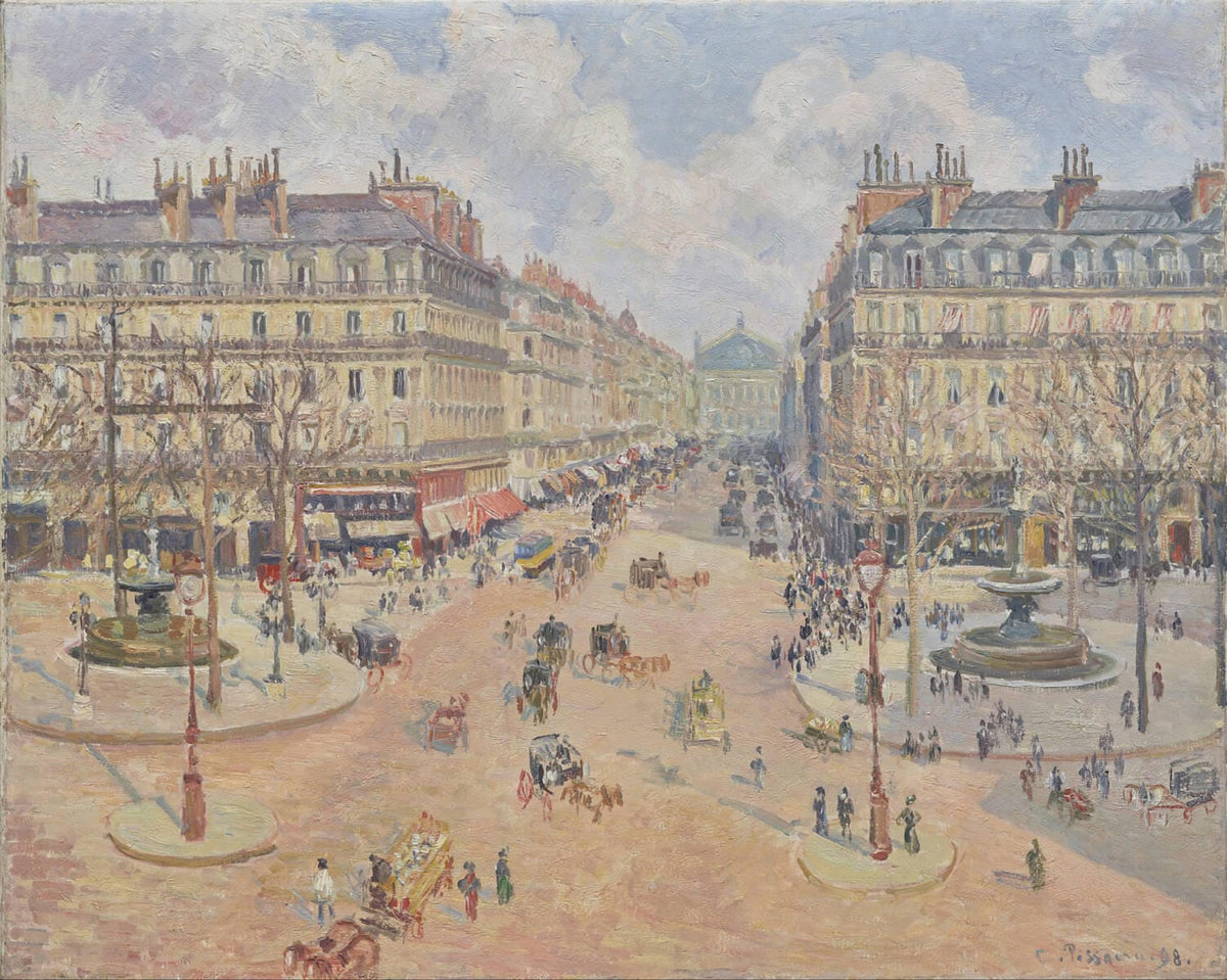 Das Gemälde "Avenue de l'Opéra, Morgensonne" von Camille Pissarro zeigt die Pariser Straßenszene im frühen Morgenlicht. Die Impressionistische Darstellung der belebten Avenue fängt das sanfte Licht der Morgensonne und die lebendige Atmosphäre der Stadt perfekt ein.