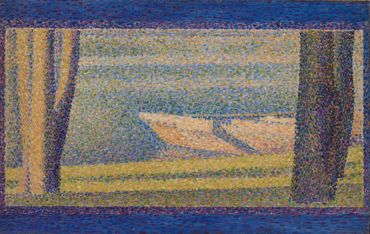 "Bäume und Boote" von Georges Seurat – Ein impressionistisches Gemälde mit ruhigen, am Ufer vertäuten Booten unter schattigen Bäumen, geschaffen in der Pointillismus-Technik.