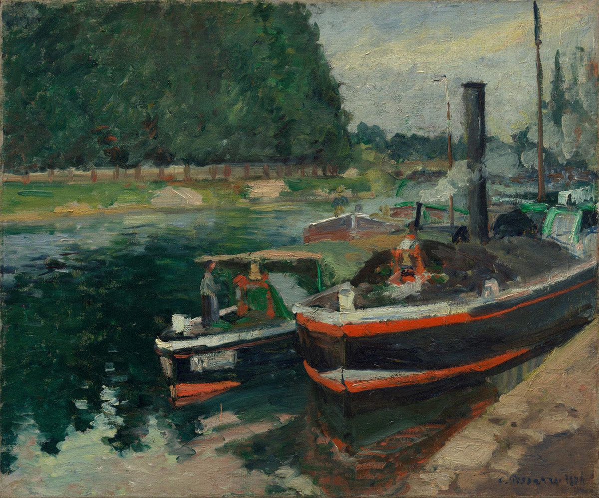 Das impressionistische Gemälde "Lastschiffe im Hafen von Pontoise" von Camille Pissarro zeigt Lastkähne, die ruhig auf einem Fluss treiben. Mit sanften Farben, dynamischen Pinselstrichen und atmosphärischem Licht fängt das Werk die idyllische Hafenlandschaft in Pontoise ein.