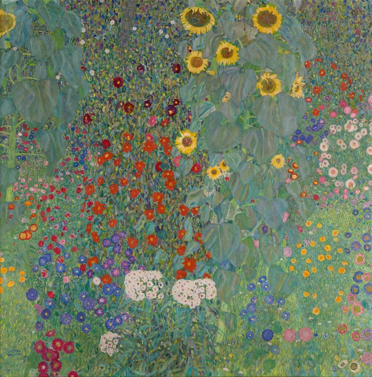 Bauerngarten (Blumengarten) von Gustav Klimt: Farbenfrohe Darstellung einer üppigen Blumenwiese mit detaillierten Blüten und impressionistischen Elementen im Jugendstil.