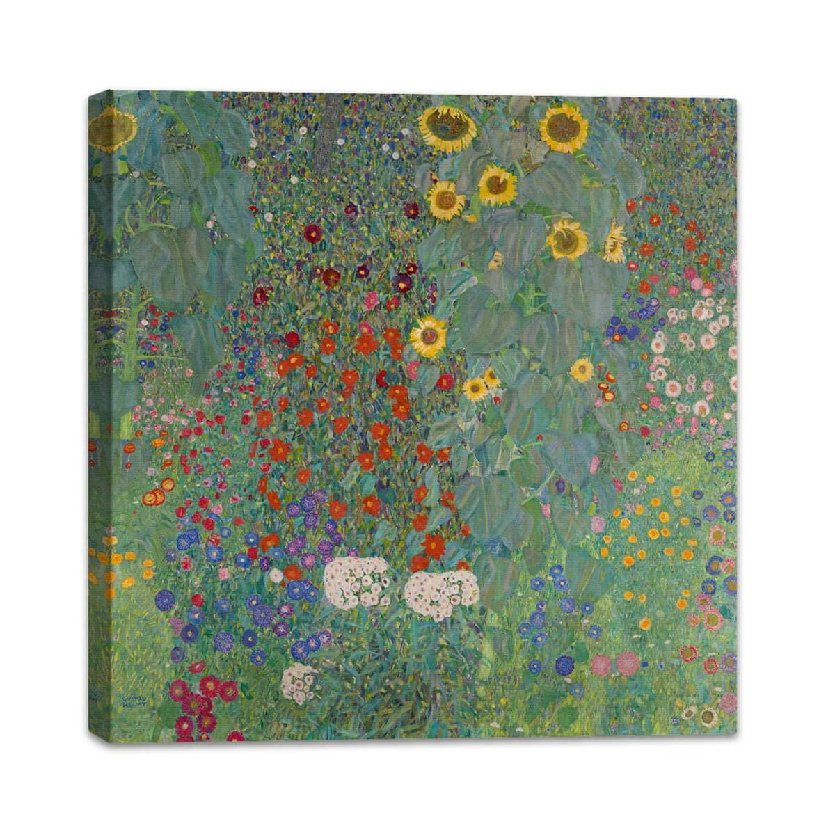 Bauerngarten mit Sonnenblumen | Gustav Klimt auf Leinwand mit Keilrahmen perspektivisch dargestellt