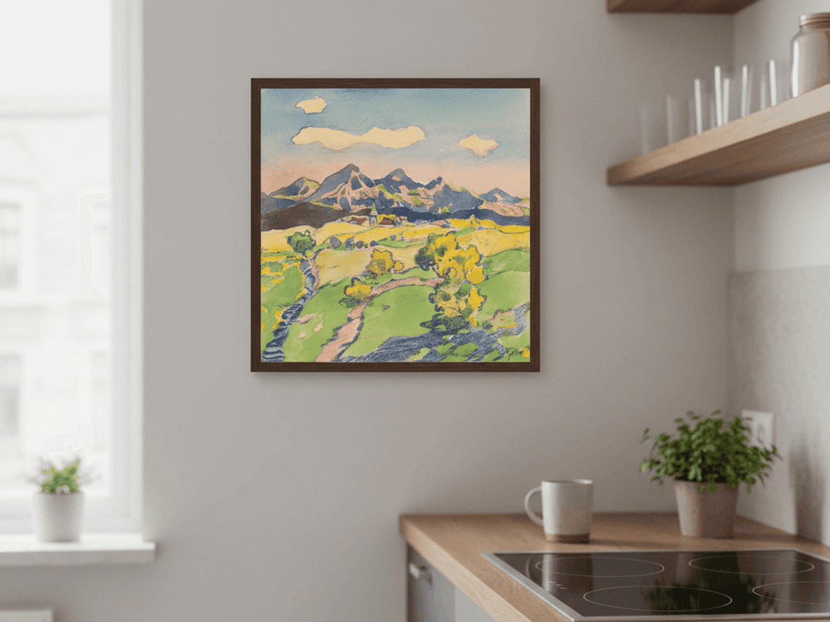 Blick auf ein Dorf am Fuße eines Berges in den Wiesen | Gustav Mally