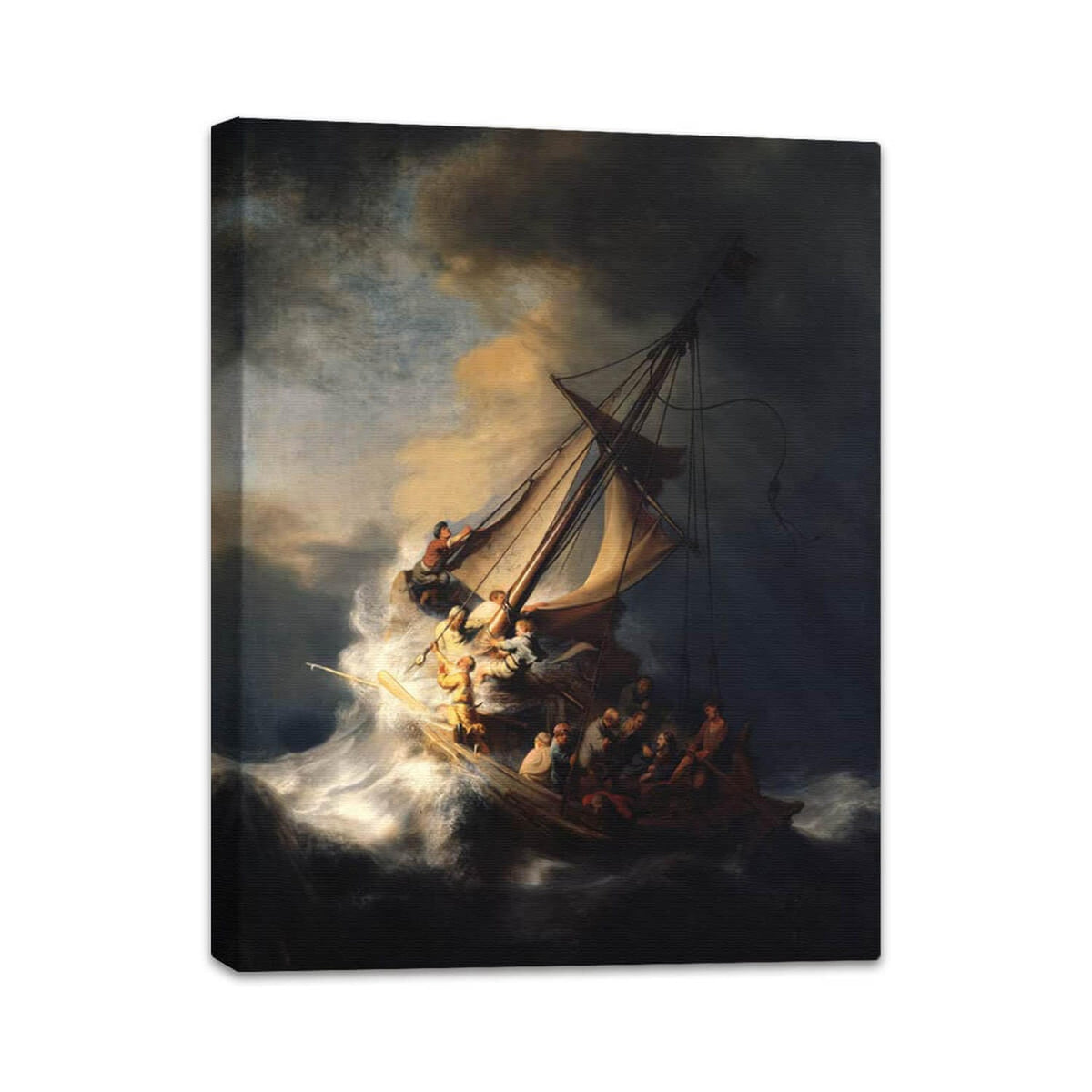 Rembrandt van Rijns Christus im Sturm auf dem See Genezareth als Kunstdruck perspektivisch auf Leinwand ezogen.