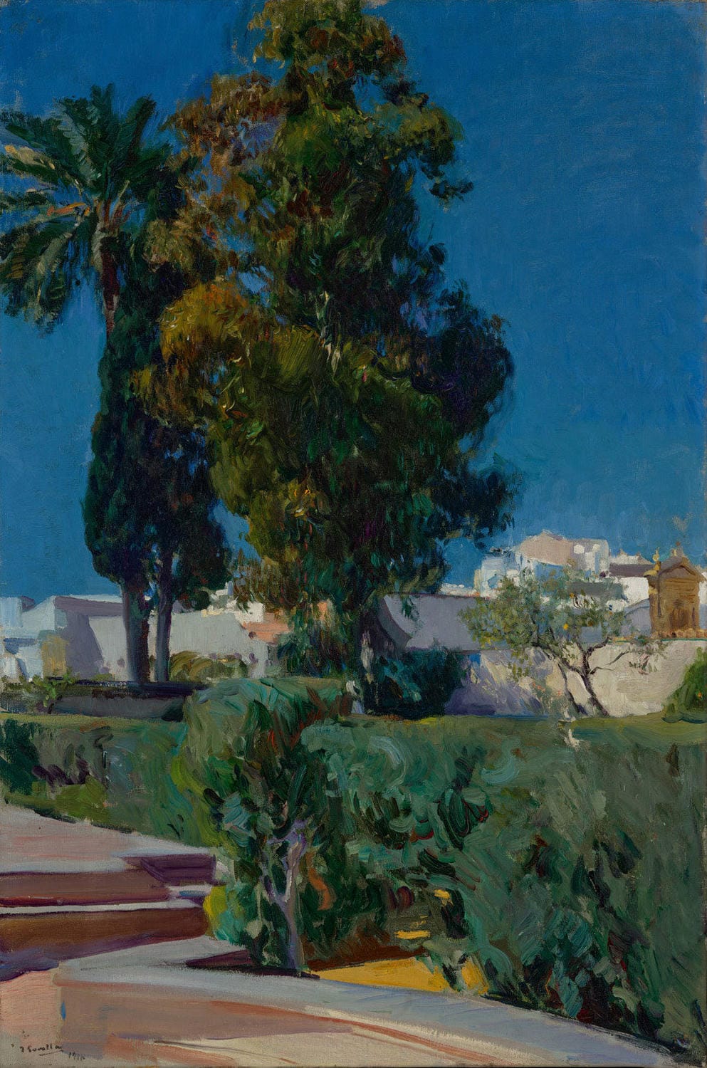 Das Gemälde "Ecke des Gartens, Alcazar, Sevilla" von Joaquín Sorolla zeigt eine ruhige Gartenszene im Alcázar von Sevilla, mit sanften Lichtreflexionen und üppiger Vegetation. Die lebendigen Farben und impressionistischen Pinselstriche fangen die idyllische Atmosphäre des historischen Palastes ein.