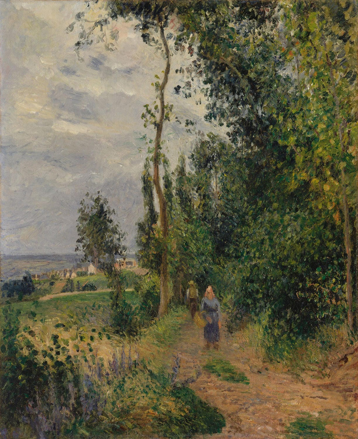 „Côte des Grouettes, in der Nähe von Pontoise“ von Camille Pissarro zeigt eine malerische ländliche Landschaft, in der sanfte Hügel und ein weites, goldenes Feld harmonisch mit dem Himmel verschmelzen. Die impressionistische Farbgebung fängt das ruhige ländliche Leben und die Schönheit der Natur ein.
