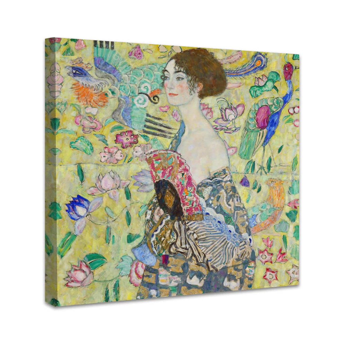 Dame mit Fächer | Gustav Klimt perspektivisch dargestellt auf Leinwand