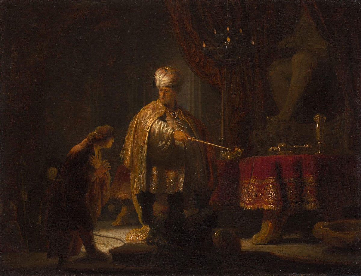 "Das Gemälde ""Daniel und Kyros vor dem Götzen Bel"" von Rembrandt van Rijn zeigt den Propheten Daniel und den persischen König Kyros, die vor dem Götzen Bel stehen. Die dramatische Beleuchtung und detailreiche Darstellung der Figuren unterstreichen die biblische Bedeutung und Spannung des Moments.