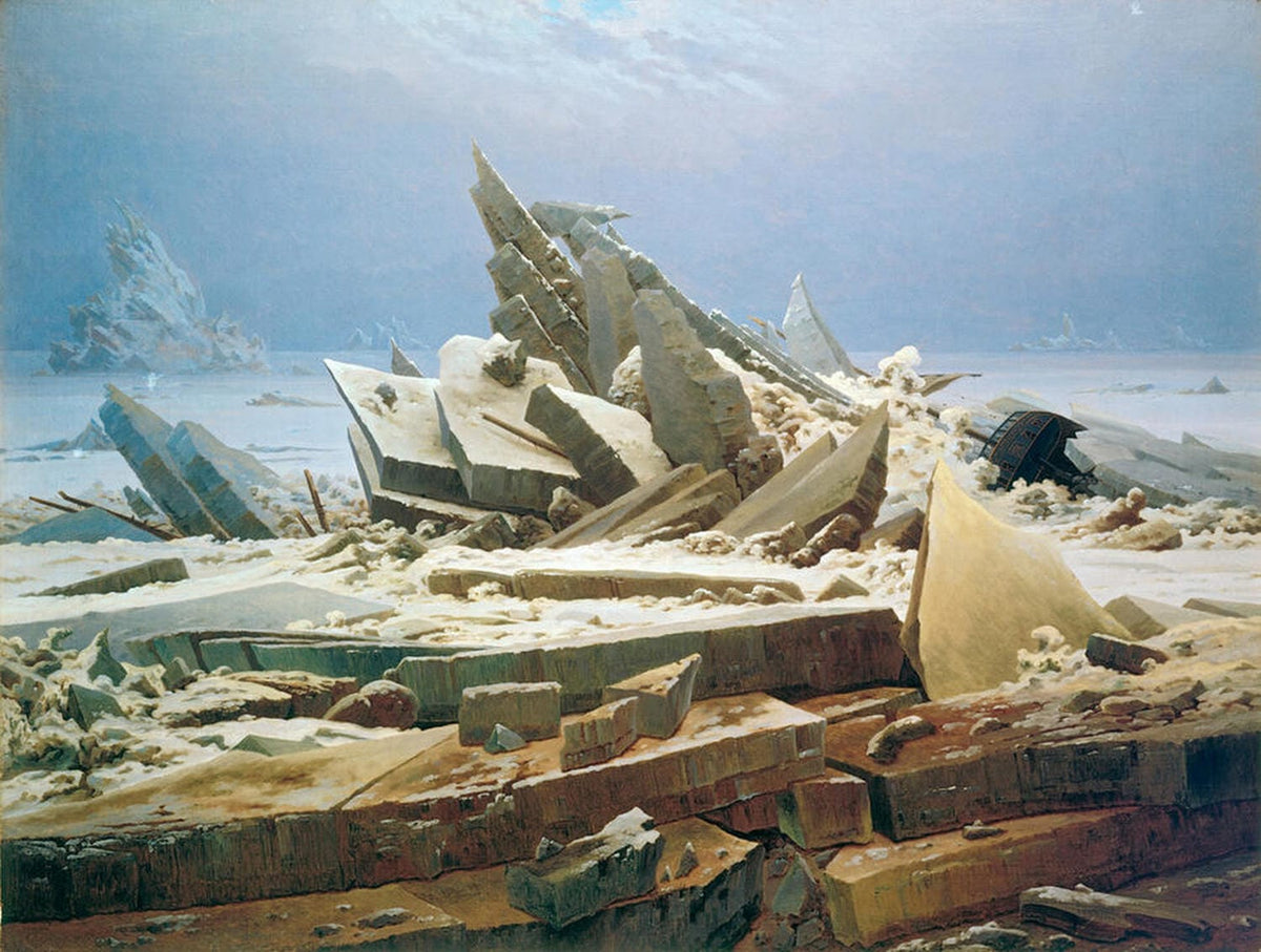 Romantisches Gemälde 'Das Eismeer' von Caspar David Friedrich, das dramatische Eisschollen auf einem stürmischen Meer zeigt und die Erhabenheit der Natur darstellt.
