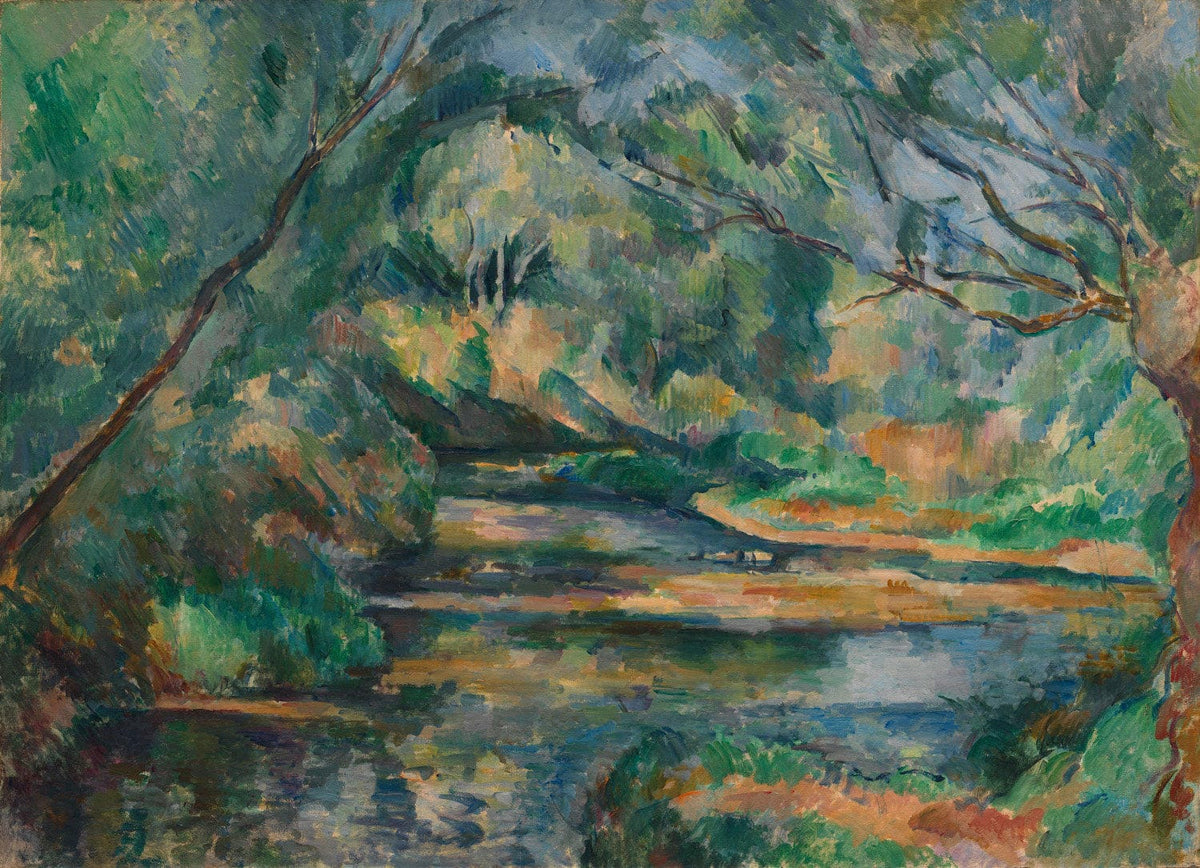 Landschaftsgemälde Der Bach von Paul Cézanne, post-impressionistisches Werk mit fließendem Wasser und harmonischen Naturtönen.