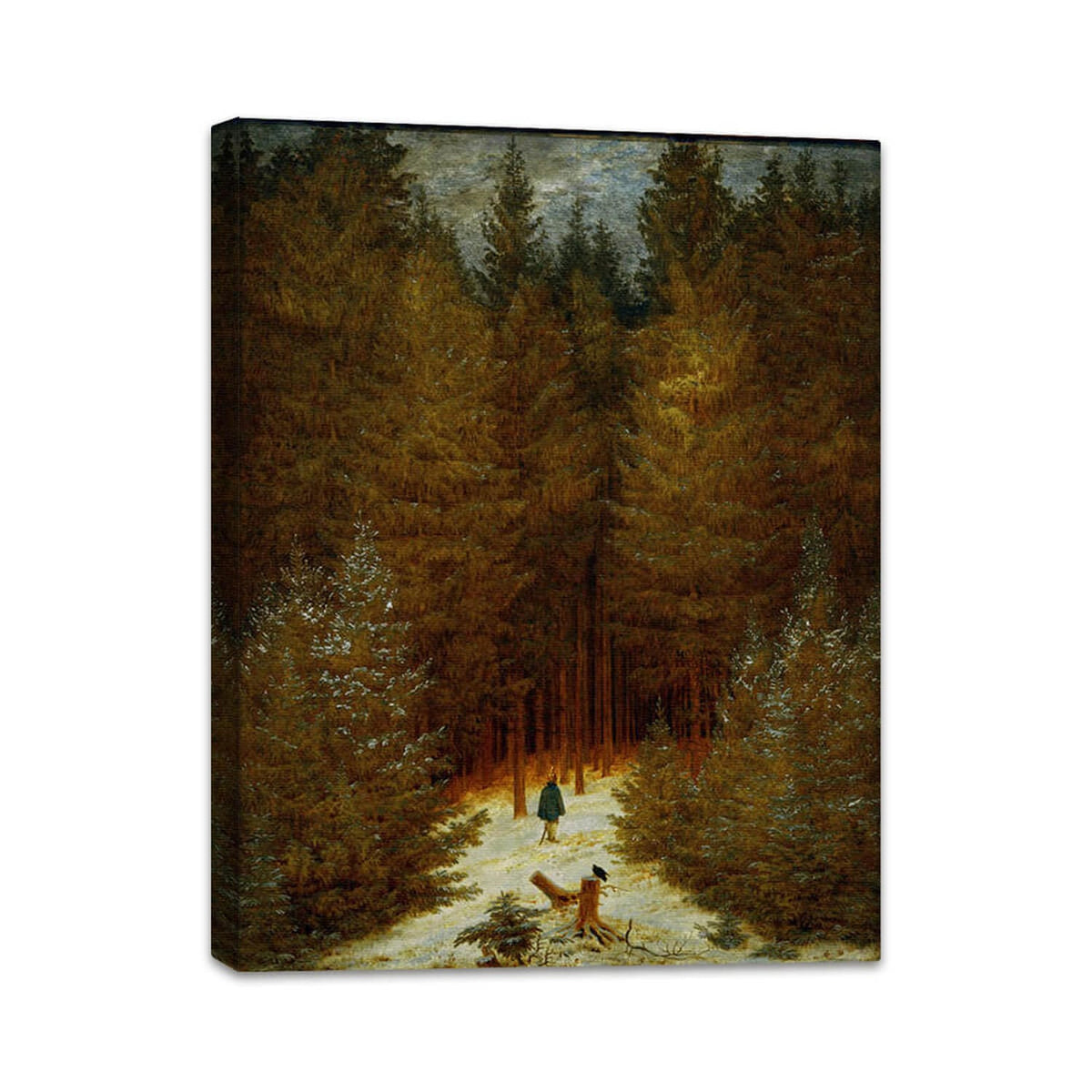 Der Chasseur im Walde von Caspar David Friedrich als Kunstdruck - hier auf Leinwand gezogen perspektivisch dargestellt.