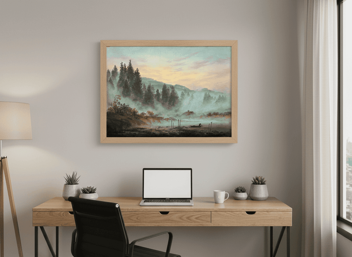 Das Gemälde "der Morgen" von Caspar David Friedrich gerahmt an einer Wand hängend über einem Schreibtisch.